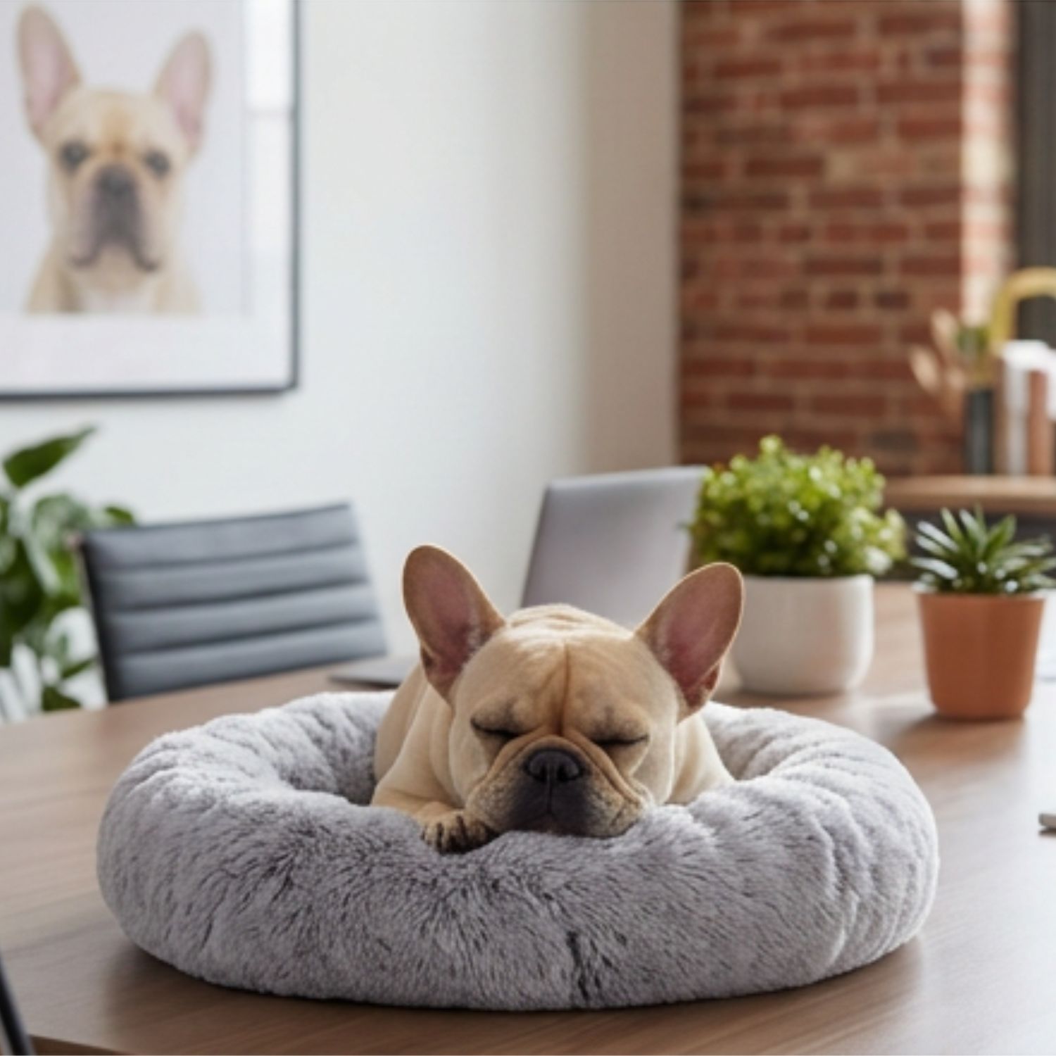 Fifi the French Bulldog — CEO of Sleep, napping on a meeting room desk