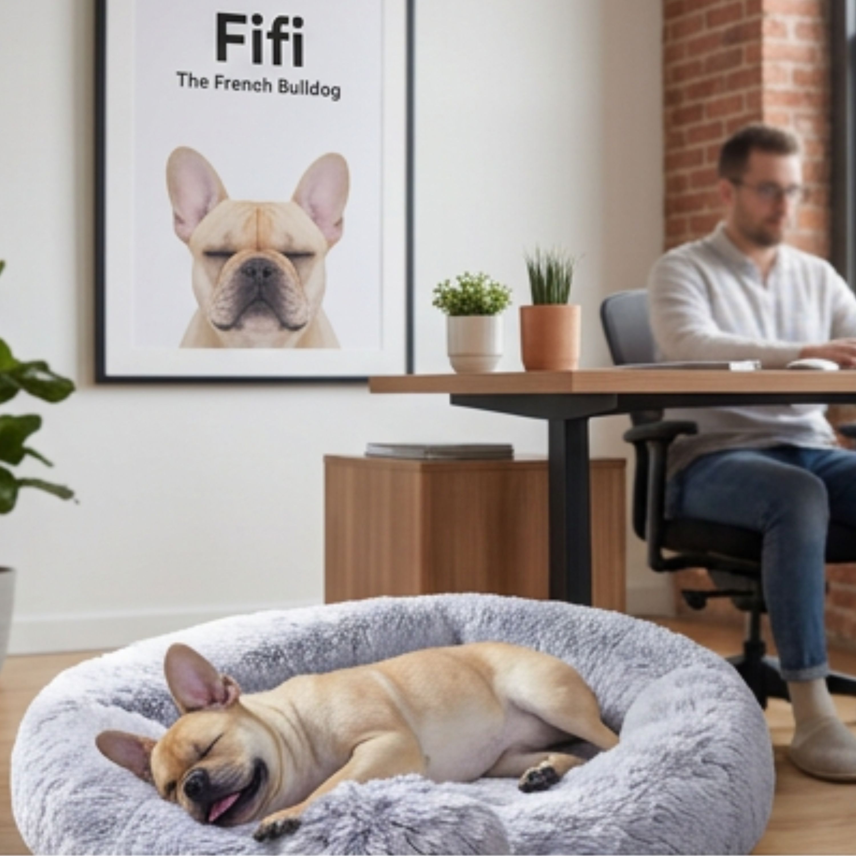 Fifi the French Bulldog — Head of Website Build Work, sleeping at a workstation