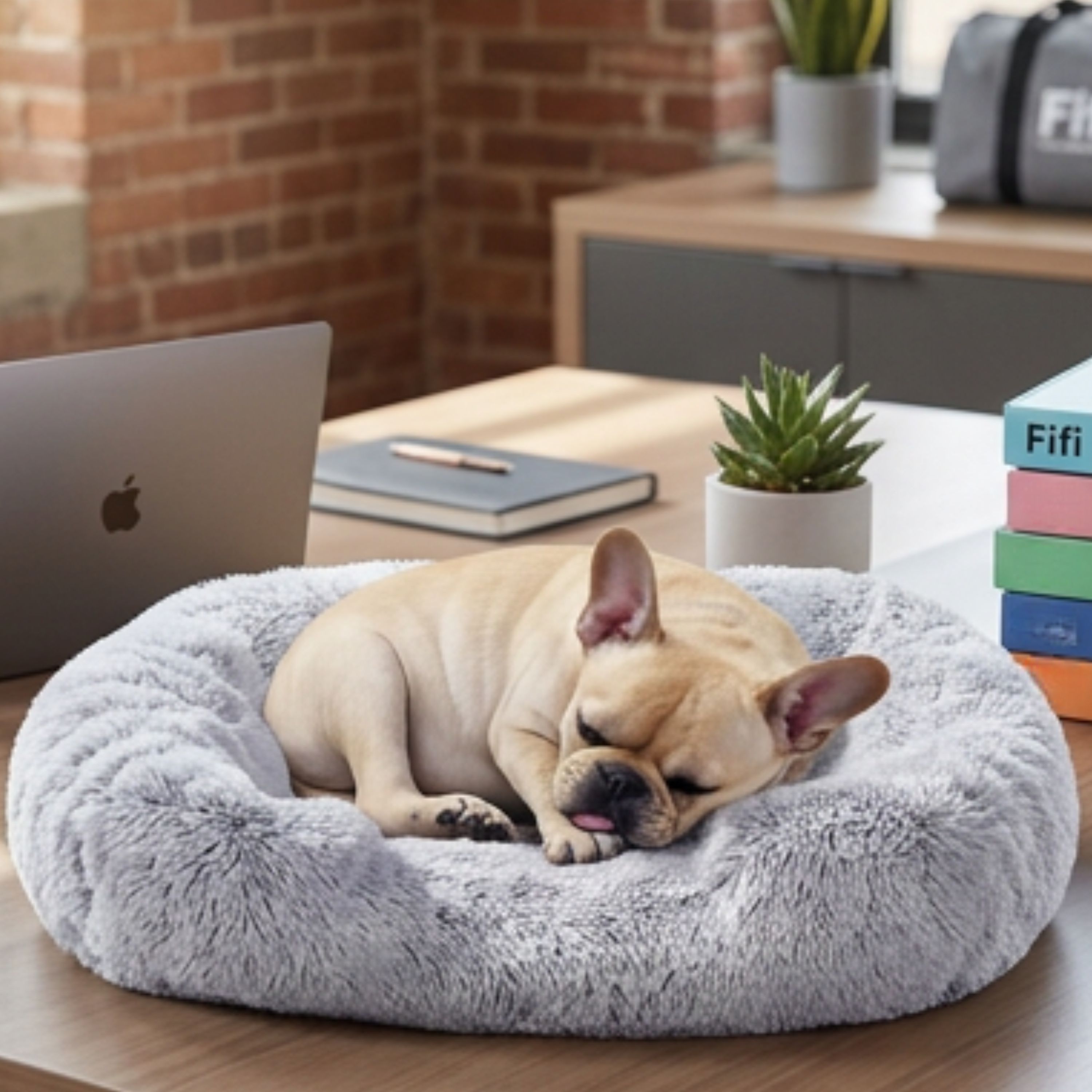 Fifi the French Bulldog — Pawductivity Expert, sleeping at desk with laptop