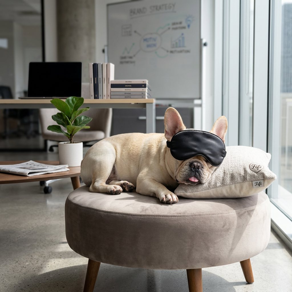 Fifi the French Bulldog wearing a sleep mask — Chief Napping Officer